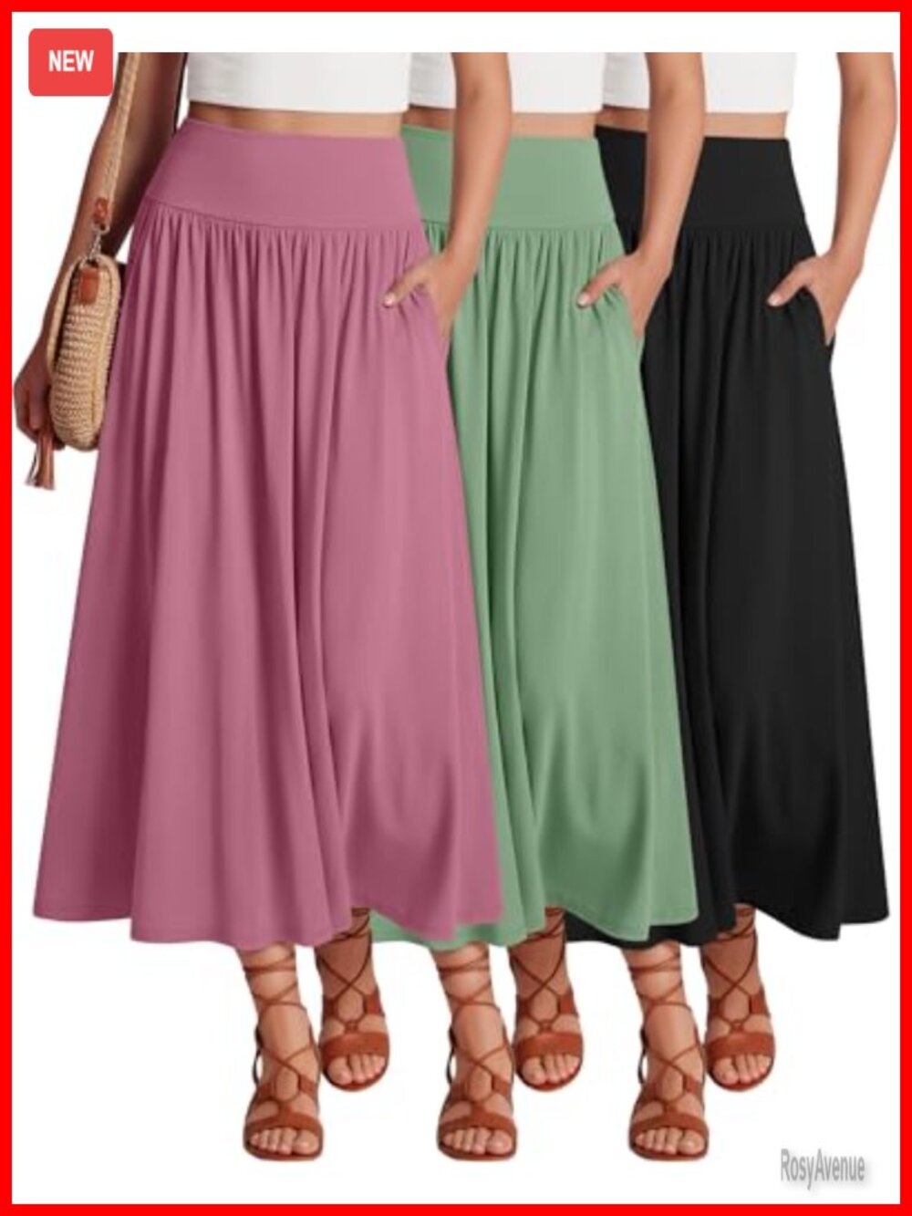 Women's 3 Pack Maxi Long Skirts Pleated A-Line Ankle Length with Pockets